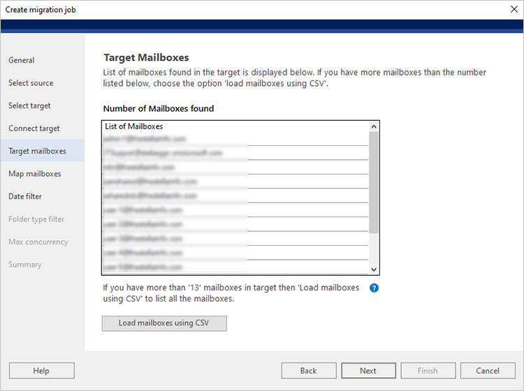 list of Target mailboxes