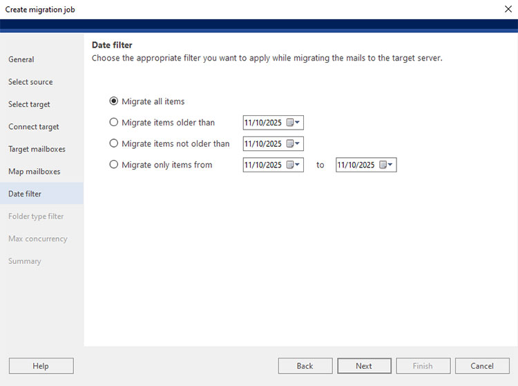 Choose a date filter option