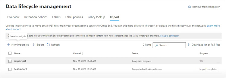 check the progress of pst import job in EAC