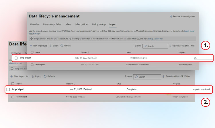 status of the import job before and after network upload is complete