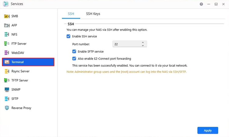 Select the Enable SSH service option under the SSH tab