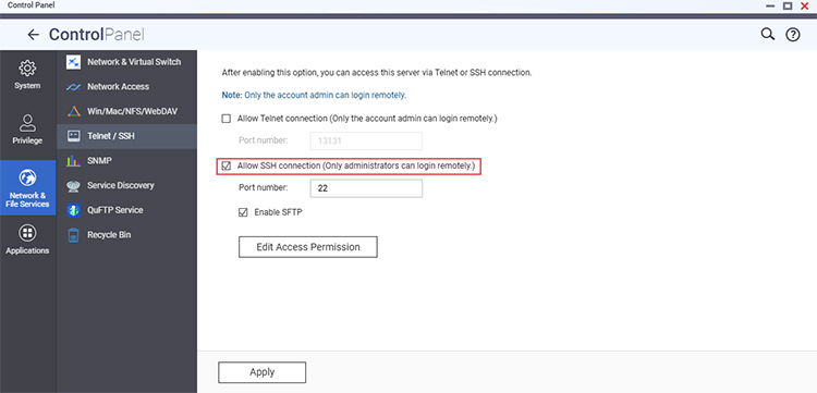 Select the Allow SSH connections 