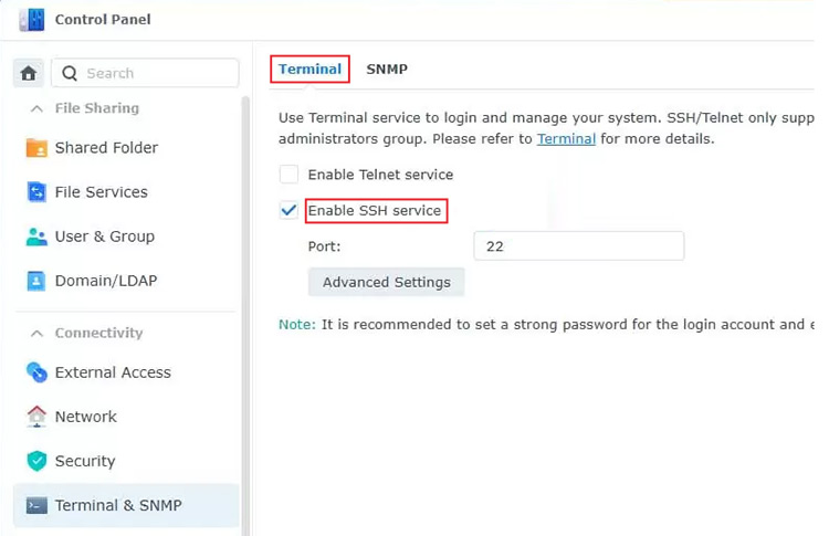 Check the Enable SSH service 