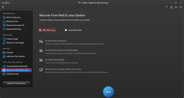 Choose the NAS Recovery option