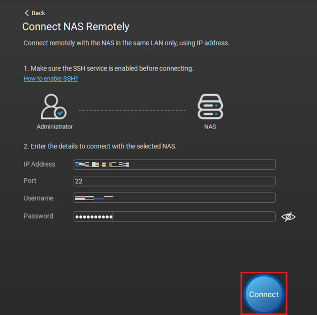 Connect NAS Remotely screen
