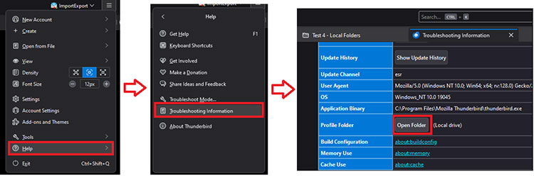go to Thunderbird profile folder location from Thunderbird settings