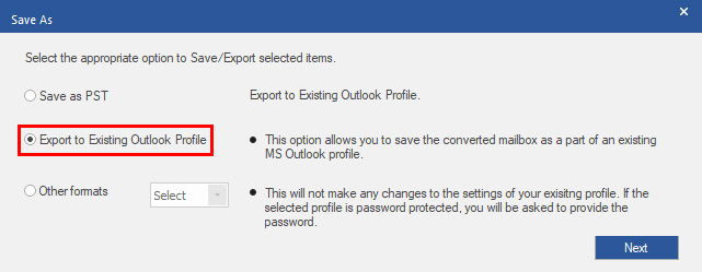 choose the export to exisiting outlook profile 