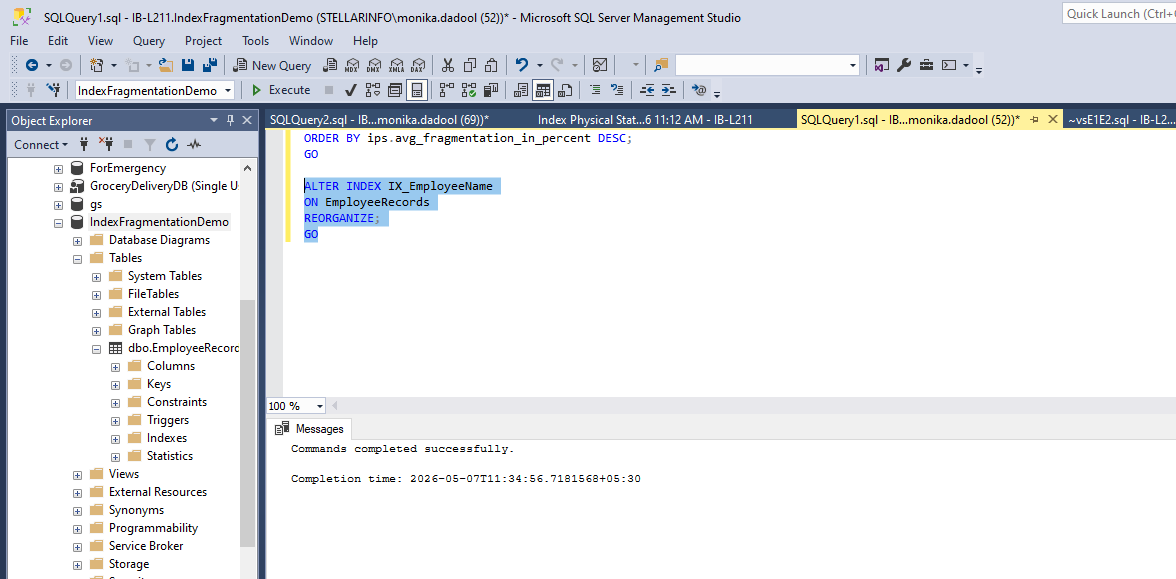 Reorganize Indexes using T-SQL Command