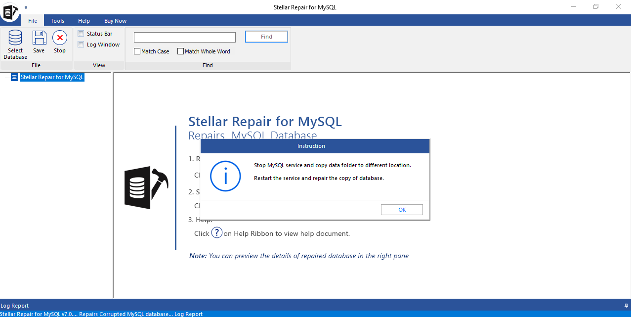 Stellar Repair for MySQL Dashboard