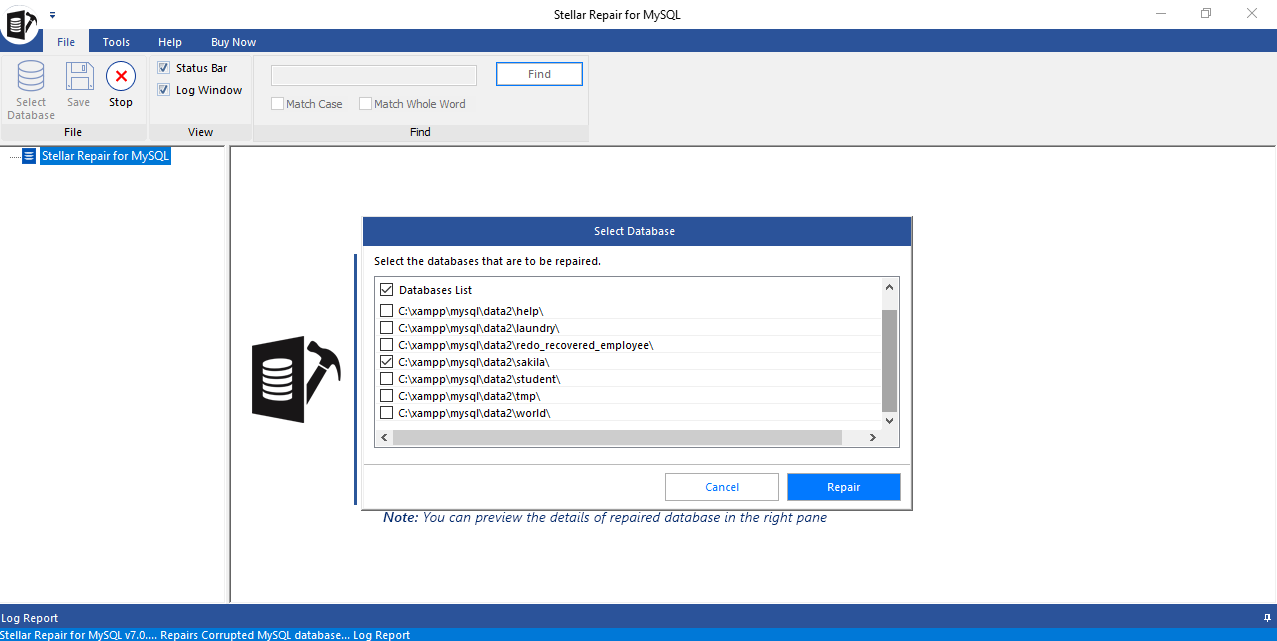 click Repair Option to Repair MySQL Tables using Stellar Repair for MySQL
