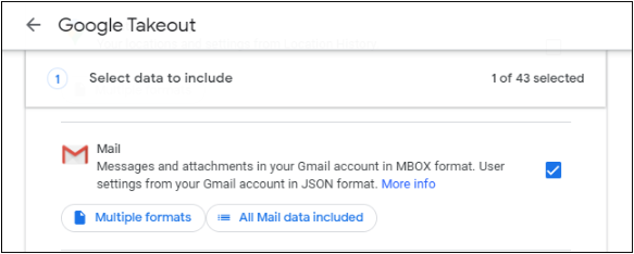 Select Mail option in Google Takeout