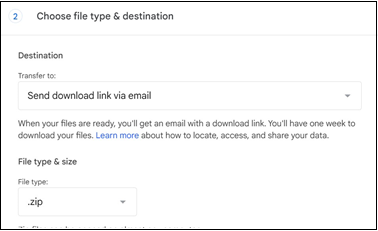 choose the export type to export google takeout emails