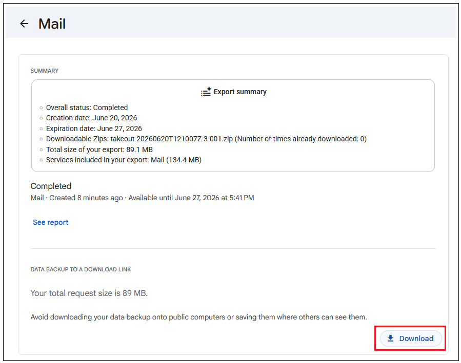 download google takeout emails as zip file from your mail