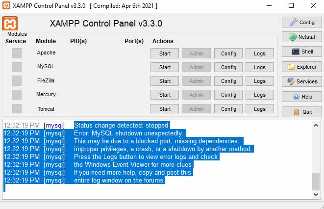 XAMPP error message MySQL shutdown unexpectedly error message 