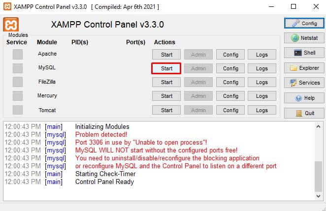 Re launching XAMPP Control panel to start MySQL