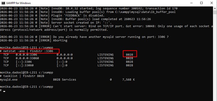 Running netstat-ano findstr 3306 command in XAMPP shell to identity conflicting PID