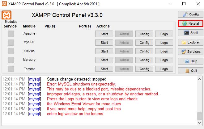 Selected Netstat option in XAMPP to check conflicting ports
