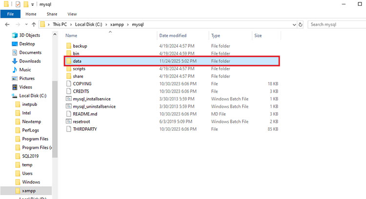 Open propeties of MySQL data folder