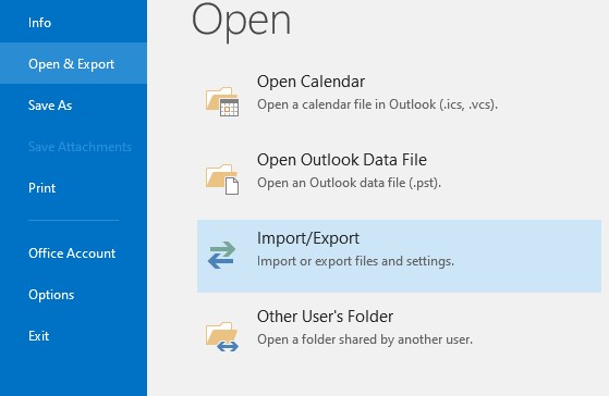open import export wizard in outlook