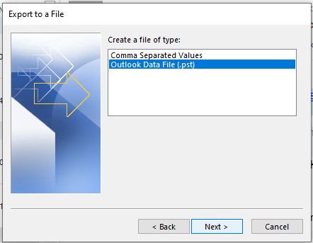select export to pst option