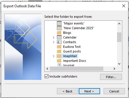 select mailbox folder to export data as pst