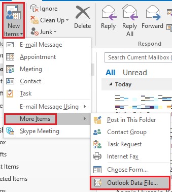create a new pst file in outlook to split a large pst file 