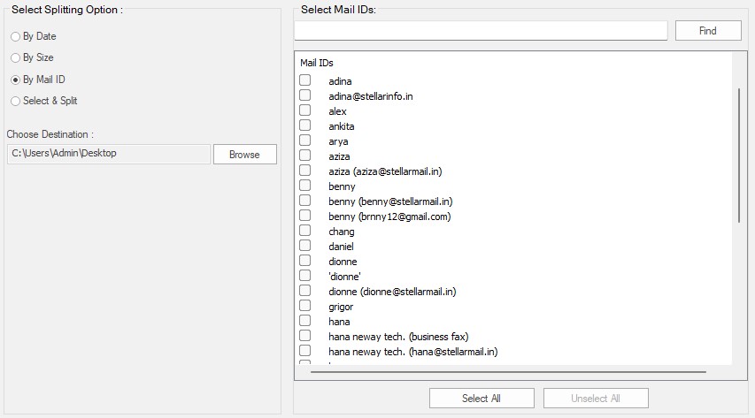 select email id to split a large pst file by sender email id using stellar splitter for outlook