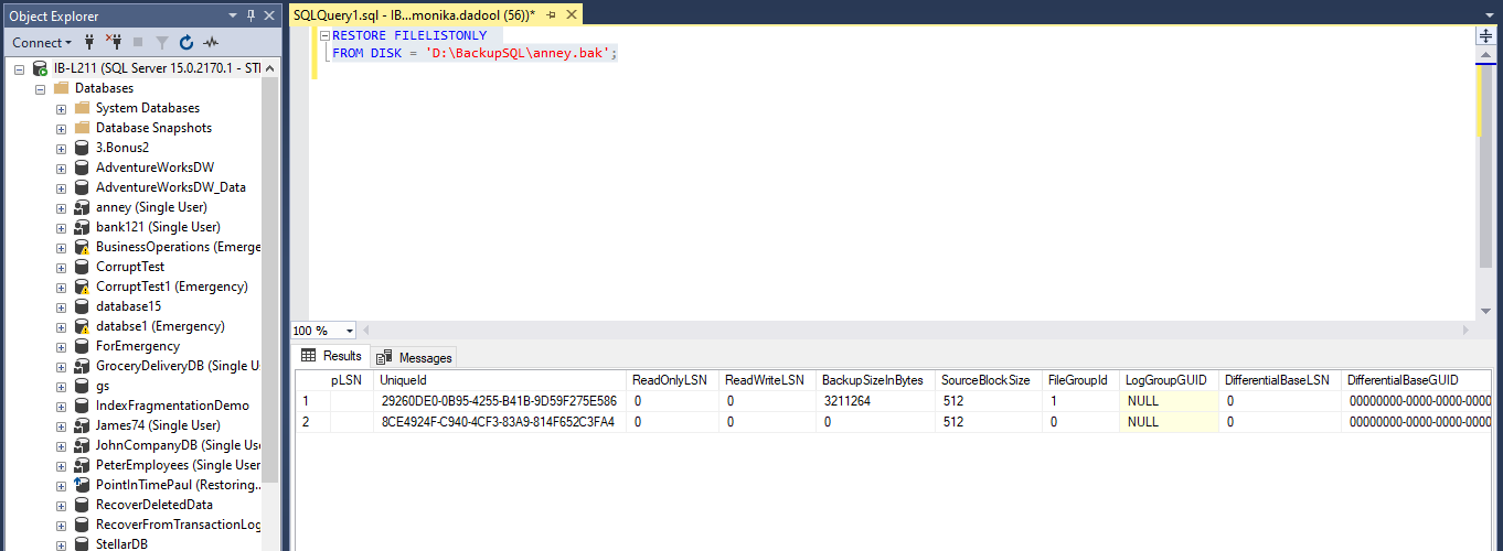 Running RESTORE FILEISTONLY command in SQL server
