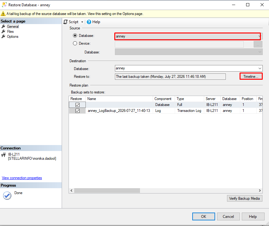 Restore Database window in SQL server