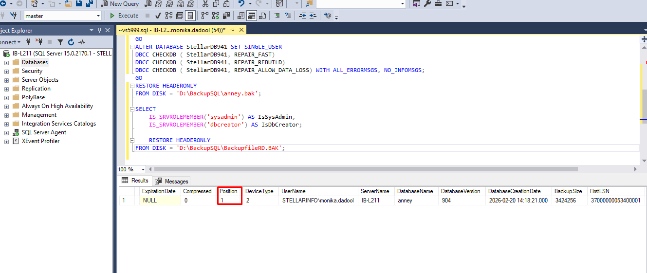 Running RESTORE HEADERONLY command in SSMS