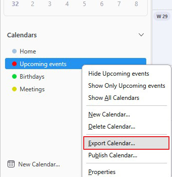 select and export calendars from thunderbird