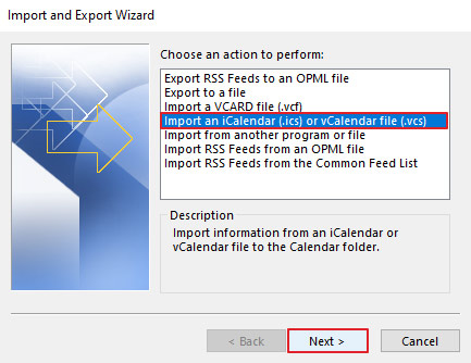 select icalendar option