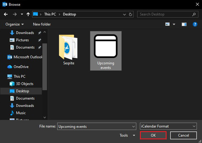 select the thunderbird calendar file to open it in Outlook