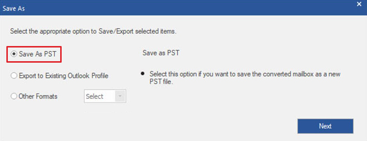 select the save as pst option