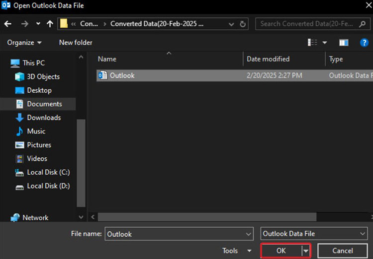 Sselect the outlook data file that you want to import in Outlook