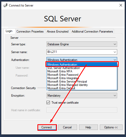Selecting Another instance WIndows Authentication to connect SSMS