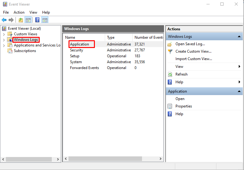 Selecting application under windows logs in Event Viewer