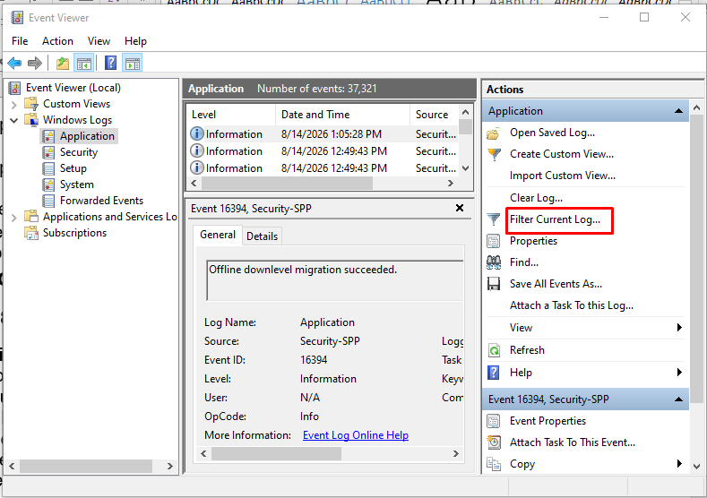 selecting Filter Current Log under actions on Event Viewer