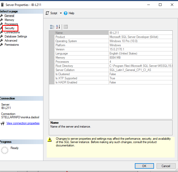 Selecting Security under Server Properties Window