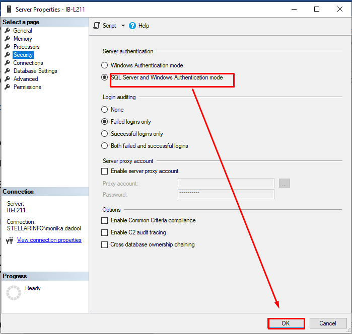 Selecting SQL Server and Windows Authentication mode