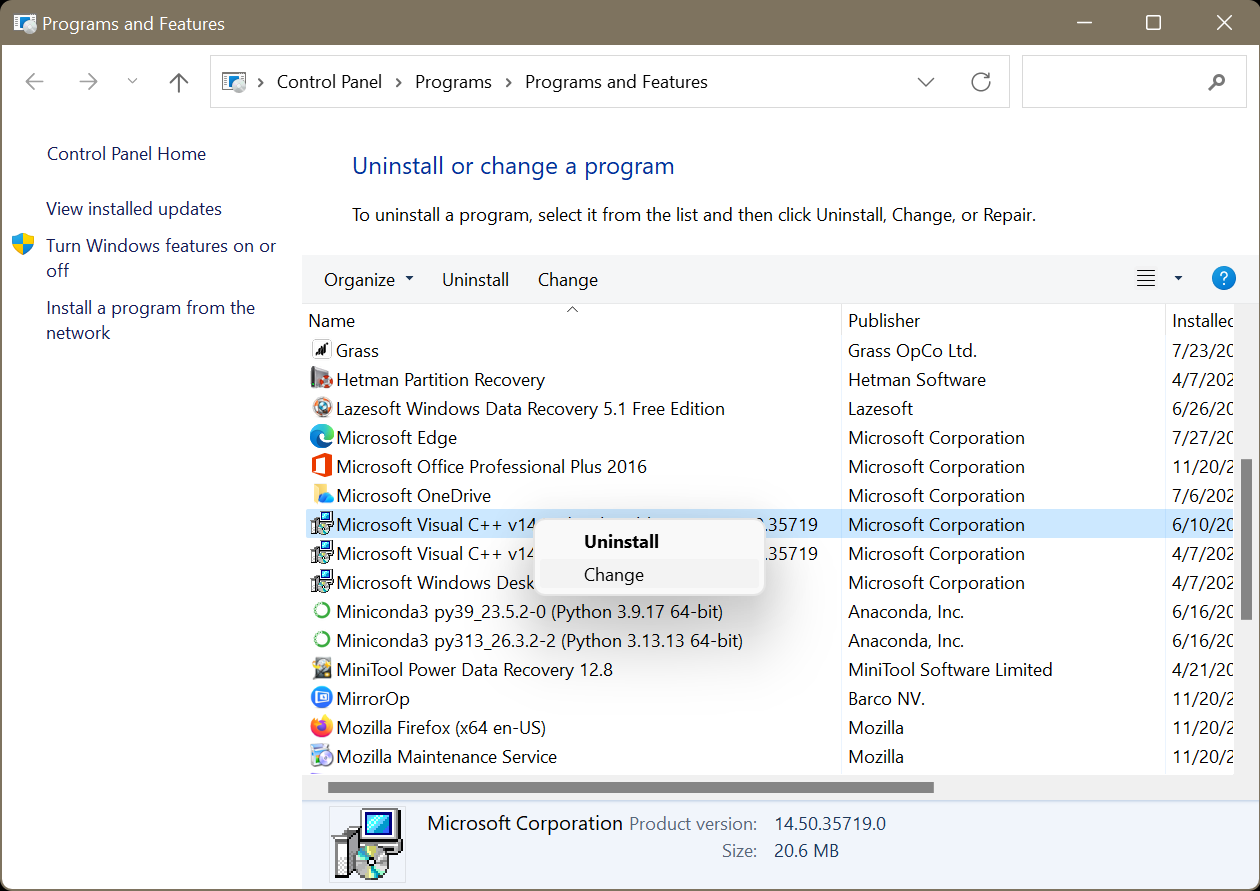 Locate your Microsoft Visual C++ Redistributable package