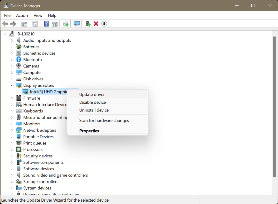 Choose Update driver on Your Graphic Drivers