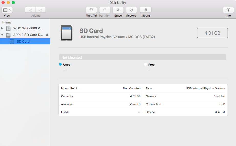 Mount your SD card in Disk Utility