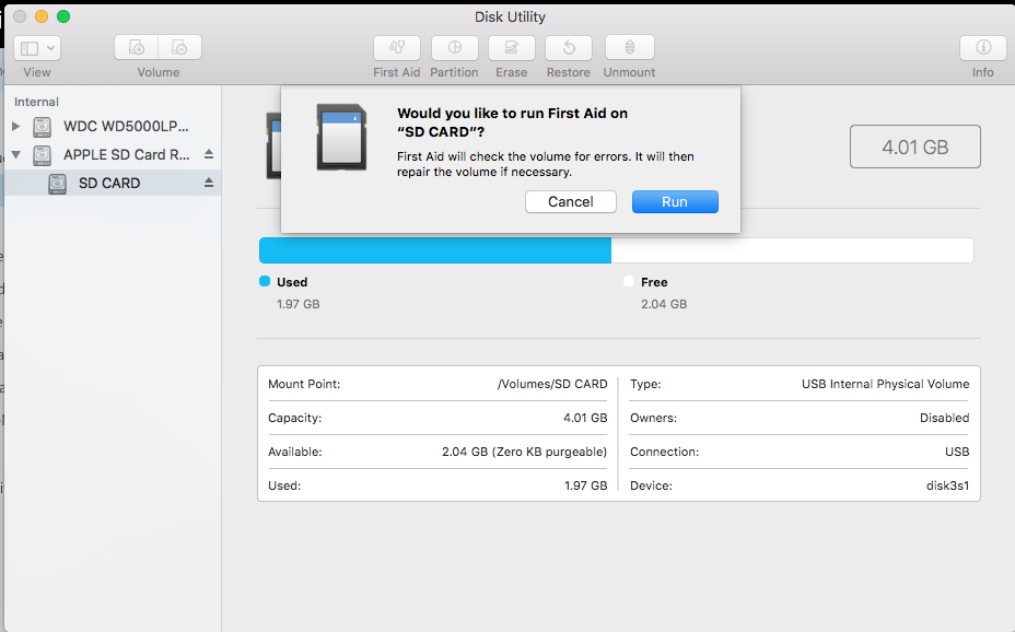 Avvia First Aid nel Disk Utility