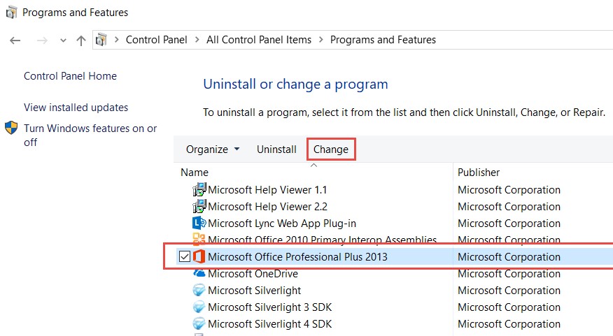 Microsoft Office in Control Panel