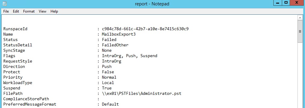 generate report to check the issue behind failed pst export