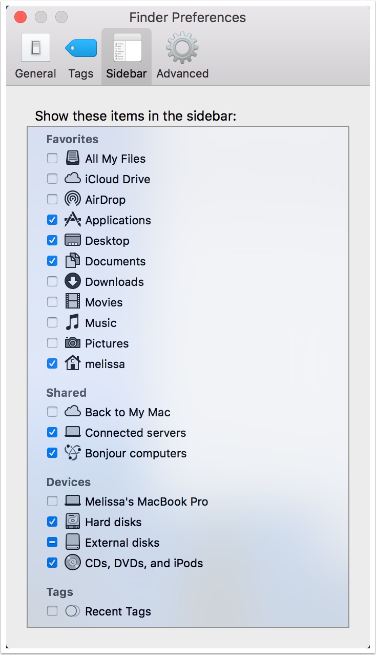 Barra lateral en Preferencias del Finder en Mac