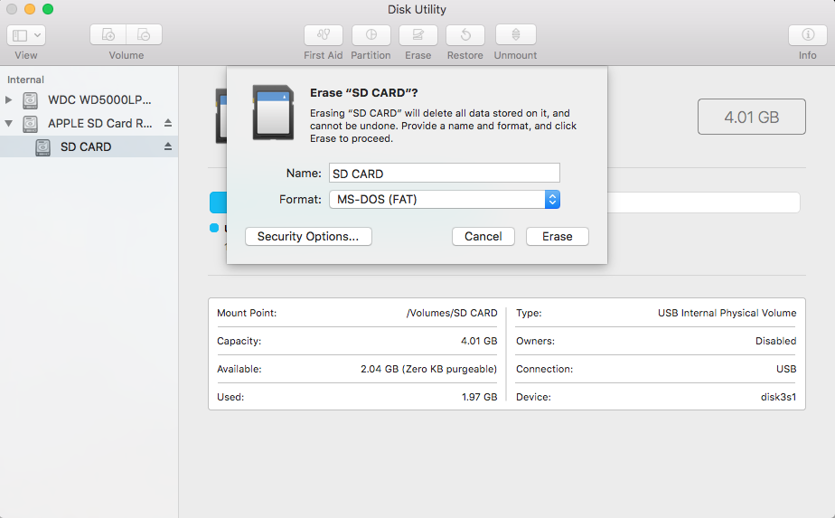 SD card Option auf Mac löschen