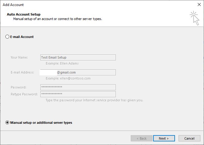 choose manually configure email account option