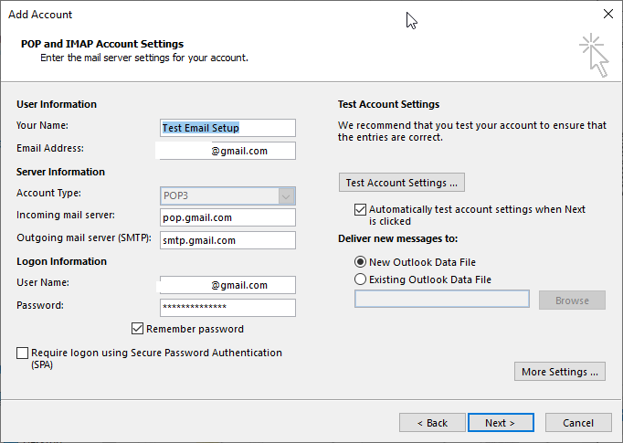 configure pop email account in outlook